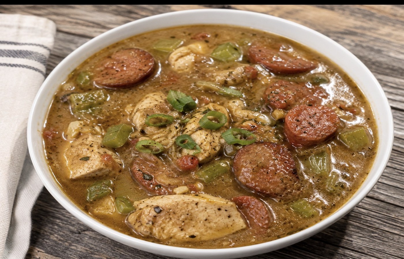 Bowl of chicken and sausage gumbo with celery, bell pepper and beef sausage